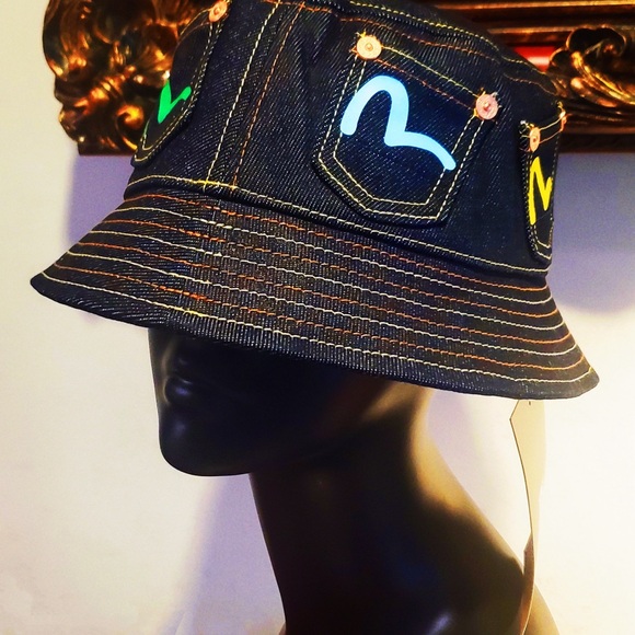 Evisu Multi-color Seagull Print Multi-Pockets Denim Bucket Hat Limited Edition - Picture 7 of 10